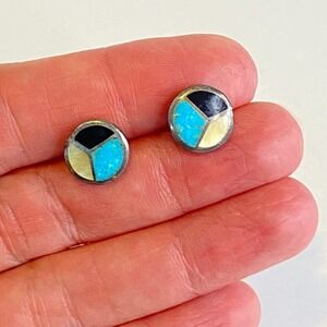 Vintage Southwestern Turquoise Onyx Mother of Pearl Inlay Silver Stud Earrings